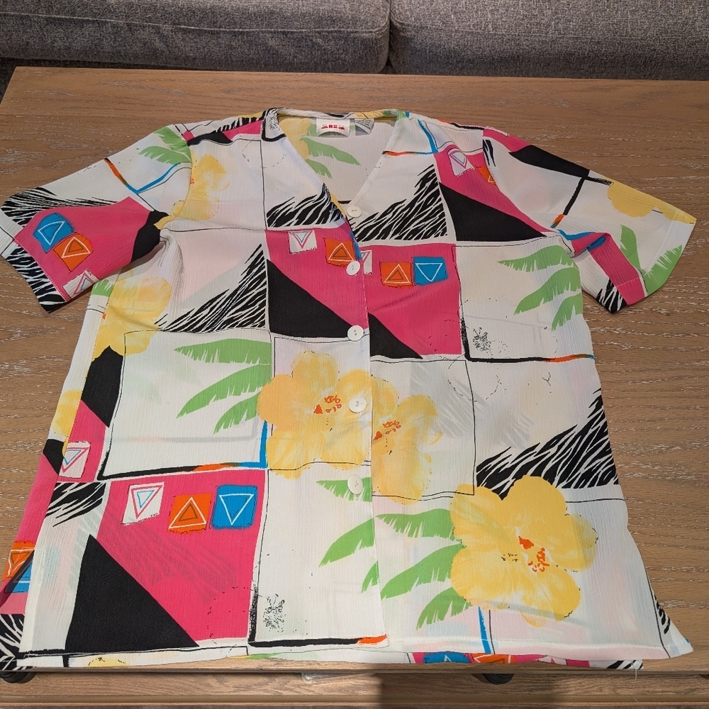 Vintage 90s Alia Abstract Tropical Button-Up Blouse – Size 12